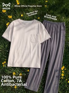 MiiOW | Cotton Thin Spring Autumn Mens Sleepwear Short Sleeve Long Pants