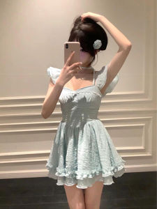 Cỡ Lớn Tiếng Pháp Nhẹ Nhàng Dễ Thương Tay Áo Feifei Đầm Nữ Mùa Xuân Cao Vòng Eo Thon Gọn Váy Ngắn Thoải Mái Vuông Kiểu K Cổ Áo