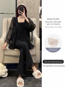 Bộ Đồ Ngủ Modal Ren Tay Dài Mùa Xuân Thu Cho Nữ Bộ Đồ Ngủ Cotton Ngọt Ngào Có Đệm Ngực Bộ Đồ Ngủ Cotton Thường Ngày Cho Nữ
