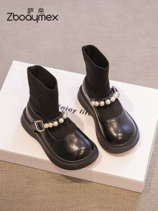 Girls Shoes Short Boots Fall and Winter Kids Black Leather Shoes Baby Girls Pearl Socks Boots Fleece-lined Fashionable Princess Boots