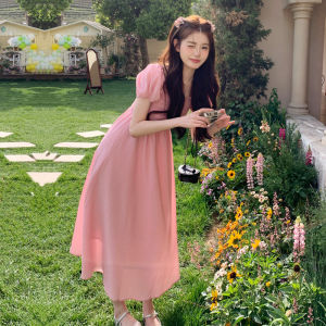 Pink Sweet Girl Beautiful Spicy Long Skirt Womens Summer Gentle Slim Bubble Sleeve Dress Korean Style A-Line Midi Dress