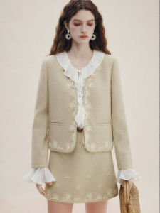 FAMANXUAN | Khaki Short Style Bead Embroidery Women Jacket Set