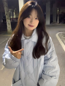 เสื้อแจ็คเก็ตผ้าฝ้ายขนแกะฤดูหนาวสำหรับนักเรียนหญิง ทรงสี่เหลี่ยม ทรงเกาหลี แขนยาว ปกขนสัตว์ แจ็คเก็ตผ้าฝ้ายขนแกะแบบหนา