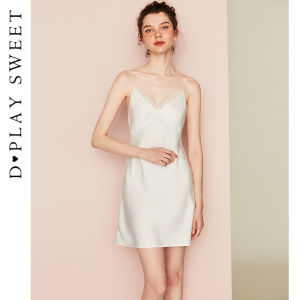 ชุดนอนผ้าซาตินลูกไม้สีขาวหรูหราสไตล์ฝรั่งเศส Dplaysweet ชุดนอนผู้หญิง ชุดนอนฤดูใบไม้ผลิ ชุดนอนสั้น ชุดนอนผ้าซาติน