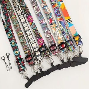 Retro Totem Pattern Ornaments Classy Womens Phones Lanyard Long Crossbody Backable Shoulder Strap Lanyard Adjustable Halterneck Wide Cloth Strap Anti-Lost Phone Case Hang Rope