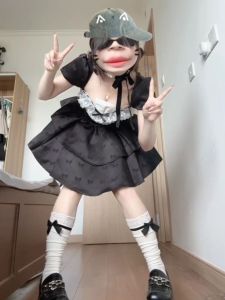Black French Hepburn Style Cake Dress Womens Mini Puffy Short Skirt Sweet And Spicy Girl High Waist Short Sleeve Summer Dress