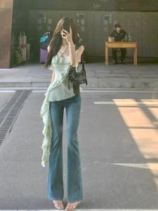 Quần Jeans Ống Thẳng Ôm Vừa Màu Xanh Cạp Cao Mùa Hè Quần Dài Ôm Vừa Vặn Co Giãn Thẳng Ôm Vừa Vặn Quần Dài Cho Nữ