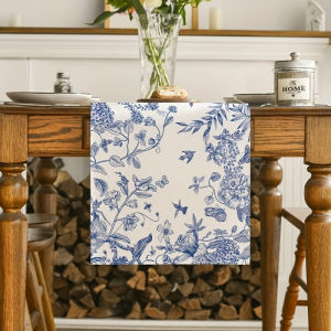 Chinese Blue & White Floral Bird Table Runner Durable Universal Table Runner for Home Kitchen & Dining Room
