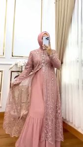 Gamis Set Outer Terpisah Laksmi Dres Ceruty Babydoll Full Puring Mix Brukat Dress Kondangan Wanita Elegan Jumbo Ukuran M L XL XXL 3XL Baju Muslim Seragaman Pernikahan