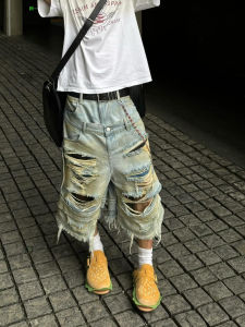 กางเกงยีนส์ทรงลำลองทรงหลวมเอวสูงขากระบอกกลมสไตล์อเมริกัน กางเกงขาสั้นทรงหลวมแบบลำลองสำหรับผู้ชาย กางเกงยีนส์ทรงลำลองสำหรับฤดูร้อน