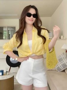 Yellow Linen Long Sleeve Short Shirt Womens 2025 New Twist Knot Asymmetrical Design Sensation Top Spring Commute Style