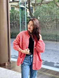 YUFUQING | Loose Thickened Lazy Knitting Sweater Coat Womens Cardigan Fleece Winter Outerwear Yang Caiyu Same Style Watermelon Red