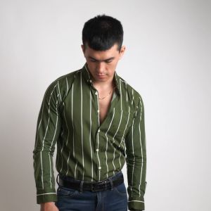 VENGOZ Kemeja Pria Slim Fit - Vicente Stripe Army Green LS