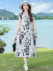 Váy Voan Lụa Hoa Nhỏ 2025 Mùa Hè Váy Chữ a Cạp Cao Thường Ngày Cho Phụ Nữ Trung Niên Váy Ngắn Tay Ngắn Cổ Tròn