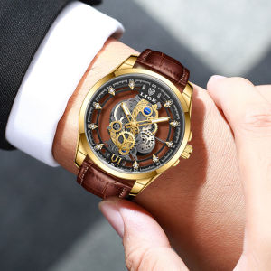 LIGE 2023 Fashion Trend Watch Adult Man Original Luminous Hands Waterproof Hollow Design Belt Watch + Original Box