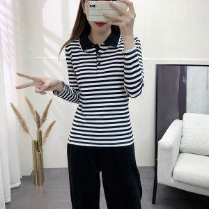 Korean Style Womens Red Striped Polo Shirt Turn-down Collar Spring Autumn Versatile Mid-aged Ladies Outerwear T-shirt