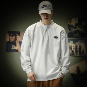 American Casual Long Sleeve Polo Shirt Mens Spring Autumn Loose Layering Henry Collar Sweatshirt Trendy Brand Polyester Fiber