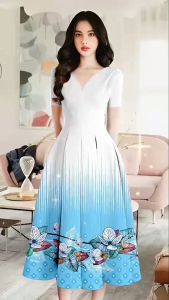 Đầm xòe xếp li in chân hoa sang trọng MS076- Khánh Linh Style -Ladyfashion