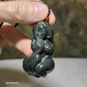 Premium Nephrite deep olive green 3 dimensional "Getting Ones Savior" pendant (with certificate) 和田玉塔青深绿立体遇贵人吊坠(带证书)