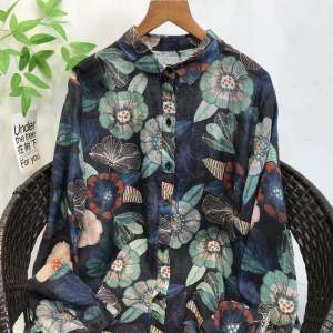 High Quality Ethnic Style Retro Digital Print Long Sleeve Womens Shirt Pure Mulberry Silk Inner Edge Cardigan for Autumn