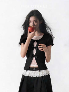 BAIDAIFEI | Black Illusion Two-Piece Lace Hollow Short Sleeve T-Shirt