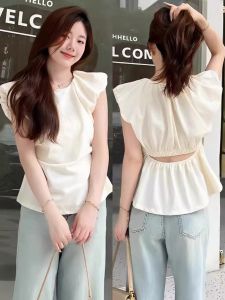 Áo Sơ Mi Nữ Tay Lỡ Hở Lưng Mùa Hè 2025 Mới Cao Cấp Kiểu Pháp Hở Eo Đẹp Không Tay Cổ Tròn Dáng Rộng Màu Trơn Chất Liệu Khác