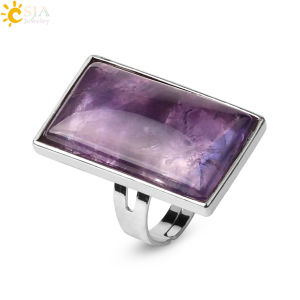 CSJA Rectangle Natural Stones Finger Rings Silver Color Adjustable Ring Healing Amethysts Rock Crystal Pink Quartz Jewelry G456