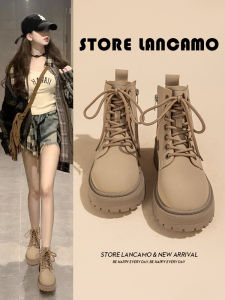 LANKAMO | Womens Martin Boots Spring Autumn Thick Bottom Heightening British Style Mid-Calf Short Boots Cross Strap Round Toe Rubber Sole