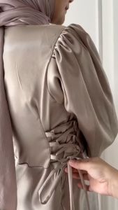 Fuji Couple Gamis Polos Lengan Balon dan Kemeja Batik Baju Lebaran Seragam Bridesmaid Kekinian