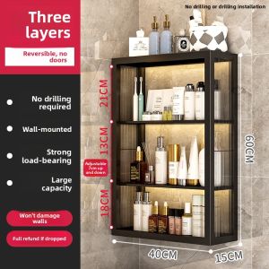 Bathroom Wall-Mounted Storage Rack Luxury Toilet Cabinet Cosmetic Organizer Sink above Toilet Shelf Metal No-Drilling Required