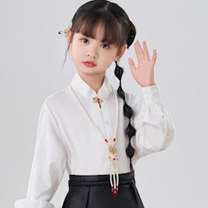 Girls Long Sleeve Cheongsam Shirt Childrens Traditional Chinese Style White Collar Plane Sleeve Top for Kids Ethnic Fashion