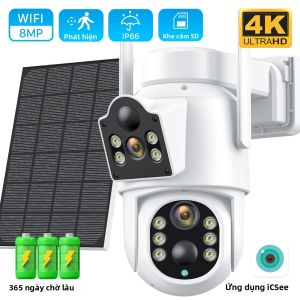 Camera Ngoài Trời WiFi Năng Lượng Mặt Trời 4K 8MP Với Ống Kính Kép Tích Hợp Pin Giám Sát Video Không Dây Camera Quan Sát An Ninh Ứng Dụng iCSee Tương Thích