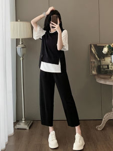 Shalldoer | Fashionable Casual Set Women Summer Trendy Anti-Aging Two-Piece Color Block Short Sleeve T-Shirt Eighteen Pants Two-Piece Set