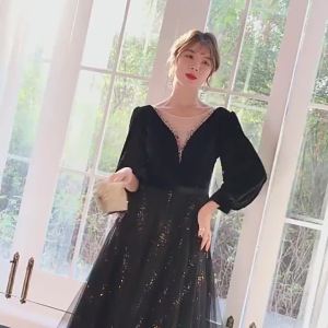 DINNER DRESS Long Sleeve Long Party Black Evening Dress with Velvet Lace 高端新款女士年会宴会黑色连衣裙优雅气质