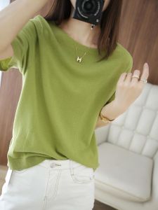 ฤดูใบไม้ผลิฤดูร้อนใหม่ผู้หญิงถักเสื้อสเวตเตอร์ถักผ้าไหมน้ําแข็งบางแขนสั้น 2-Way สวมใส่ Air Conditioner เสื้อภายใต้กระโปรง TOP หลวม...