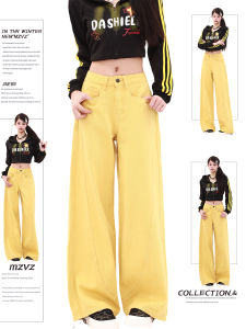 High Waist Wide Leg Yellow Denim Jeans Womens Spring Autumn Straight Loose Slimming Floor-Length Pants MZVZ American Retro