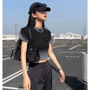 สไตล์อเมริกัน เสื้อยืดแขนสั้นมัดย้อม ผู้หญิง ฤดูร้อน ดีไซน์ Sensible Mini High เอว พรางหุ่น Spicy เสื้อท่อนบน คอกลมตัวยาวสั้น