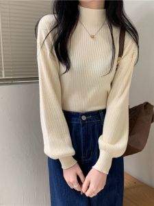 สไตล์ฝรั่งเศส หนาขึ้น ถัก สลิมฟิต เสื้อท่อนบน มีโคมไฟ แขนเสื้อ ครึ่งสูง ปกเสื้อ เสื้อฐานสําหรับผู้หญิง ทันสมัย ชุดชั้นใน