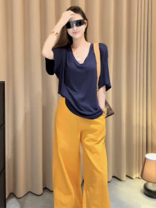 YUEZHONGWEI | Yellow Wide Leg Pants Set Casual Fashion Dopaamine Anti-Aging Summer Outfit Two-Piece Ensemble For Ages 18-25 Mid-Month Vi Brand