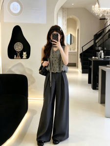 XUECAIQI | Dotted Sleeveless Top and High Waist Wide Leg Trousers Set