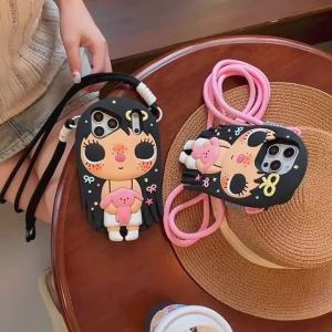 EOENKK | Cute 3D Cartoon Girl Soft Silicone Phone Case For iPhone 12 13 14 15 16 17 Pro Max Plus 17 Pro 17e Shockproof Cover with Lanyard