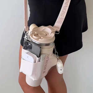 Large Capacity Travel Thermal Cup Cover Crossbody Bag with Phone Pocket Adjustable Shoulder Strap Can Be Handheld