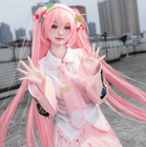 Anime Hatsune Miku Cosplay Costume Sakura Hatsune Miku Pink Dress Socks Headwear Full Sets Halloween Lolita Pink Wig 100cm Long Straight Hair