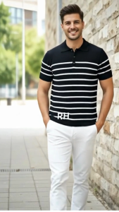 Baju Rajut Pria lengan pendek kerah polo knit garis strip