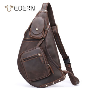 EDERN Crazy Horse Leather Mens Crossbody Bag Large Capacity Chest Bag Retro Genuine Leather Sling Bag Outdoor Tactical Shoulder Bag