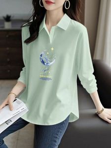 Spring Autumn Pure Cotton Long Sleeve Polo Shirt T-Shirt Womens Fashion New Style Loose Slimming Top Casual Creative Print