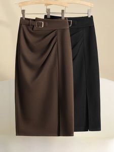 Fashionable High Waist A-Line Woolen Midi Skirt - Elegant Coffee Color Year-End Split Wrap Around Women's Mid-Length Skirt