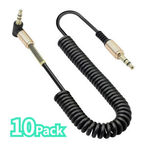 10Pack 1.5m 3.5mm Coiled AUX Cable​ Angle Male‑to‑Male​ TRS​ Stereo for Car Stereo Smartphone Tablet MP3 Player​ — Black