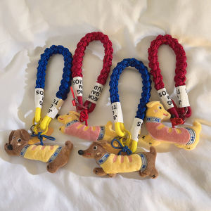 Cute Cartoon Sausage Dog Plush Toy Handmade Woven Lanyard Suitable for Universal Mobile Phone Case DIY Trendy Cute Womens Handbag Pendant Car Keychain Earphone Decorative Accessory Portable Wristband