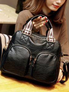 Trendy Retro Boston Casual Handbag Womens Bag Shoulder Crossbody Bag Soft PU Leather Zipper Closure Pure Color Polyester Lining